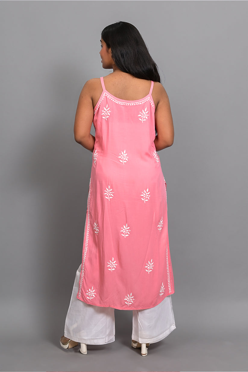 Light Coral Spaghetti Kurti with Ghas Pati Work