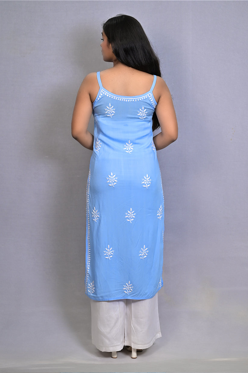 French Sky Blue Spaghetti Kurti with Ghas Pati Work
