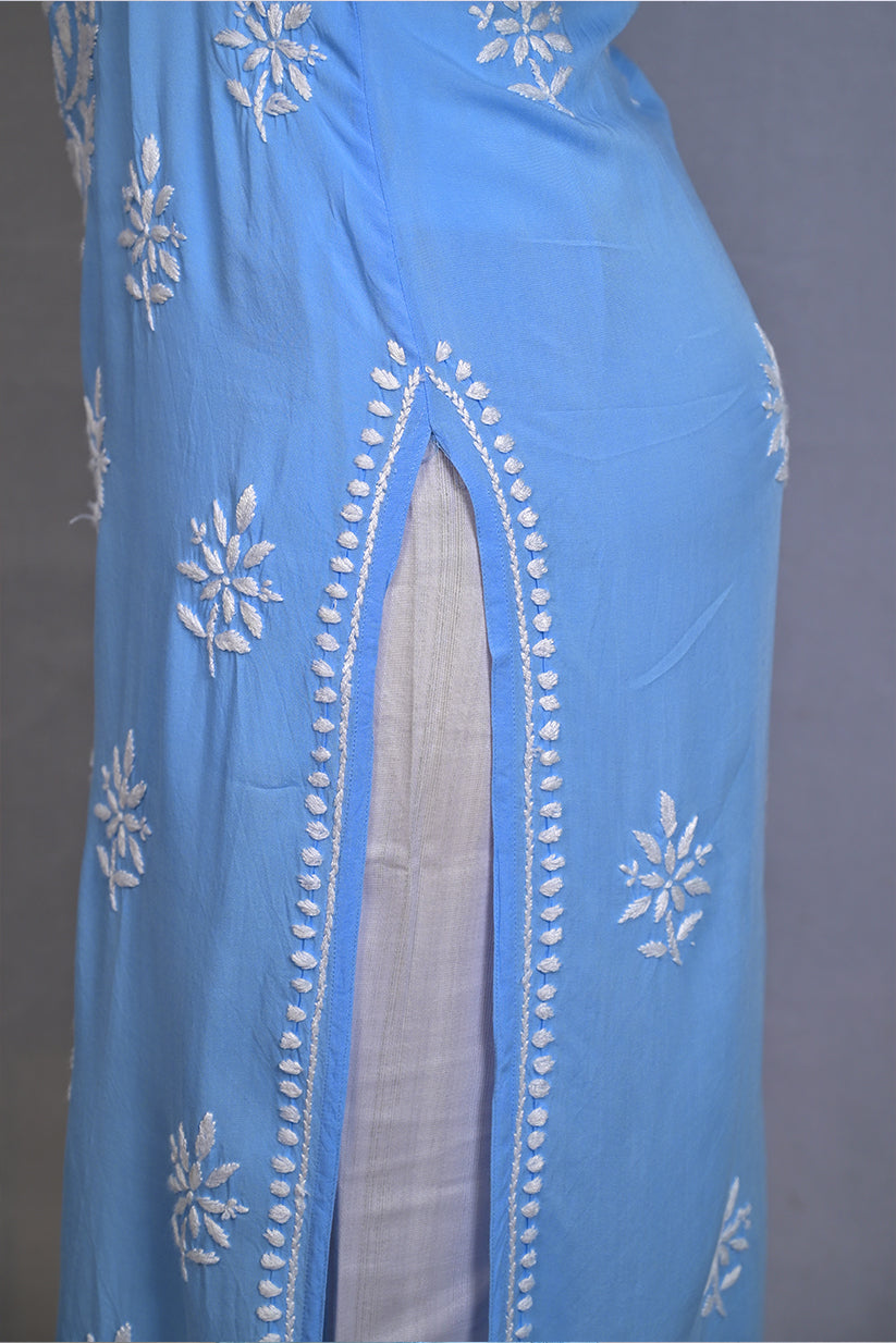 French Sky Blue Spaghetti Kurti with Ghas Pati Work