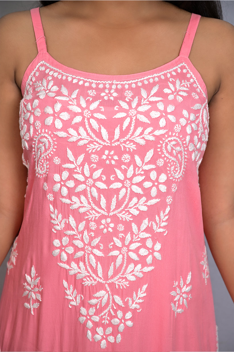 Light Coral Spaghetti Kurti with Ghas Pati Work