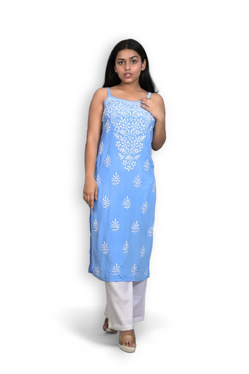 French Sky Blue Spaghetti Kurti with Ghas Pati Work