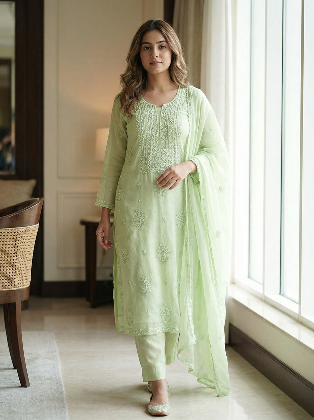 Light Moss Green Mul Chanderi Dress Material