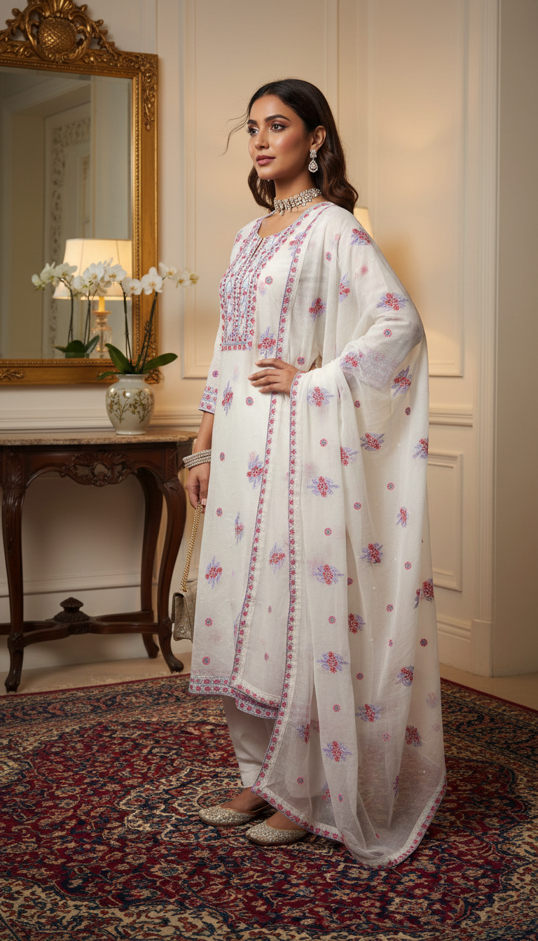 White & Brick Red Mul Chanderi Dress