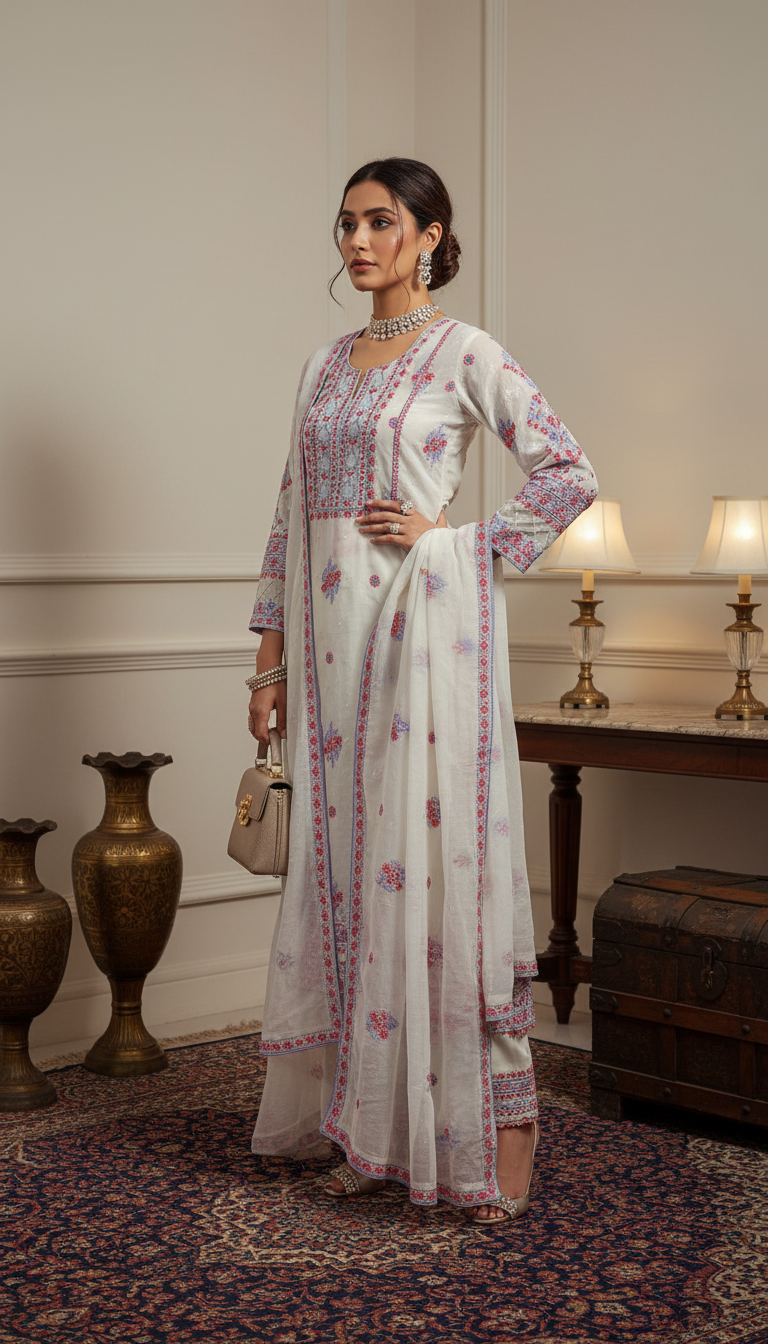 White & Brick Red Mul Chanderi Dress
