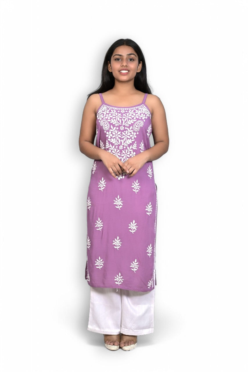 French Sky Blue Spaghetti Kurti with Ghas Pati Work