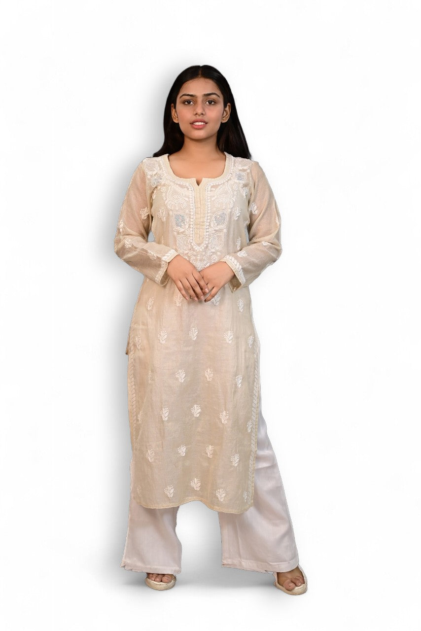 Almond Tissue Kurti with Cutdana and Sequence Work