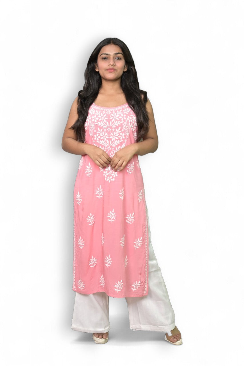 French Sky Blue Spaghetti Kurti with Ghas Pati Work