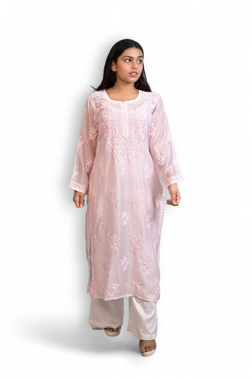 Queen Pink Chanderi Kurti With Ghaspati Work