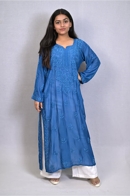 Blue Muslin Kurti with Ghas Pati Work