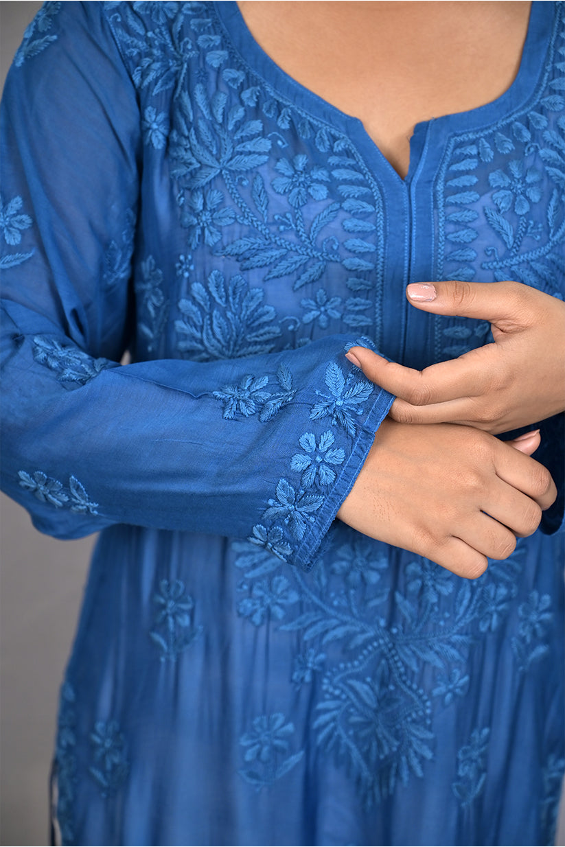 Blue Muslin Kurti with Ghas Pati Work