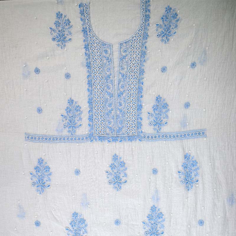 White Pastel Blue Mal Chanderi Dress Material