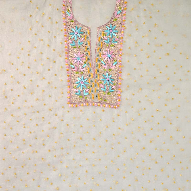 White with Yellow Pure Organza Parsi Work