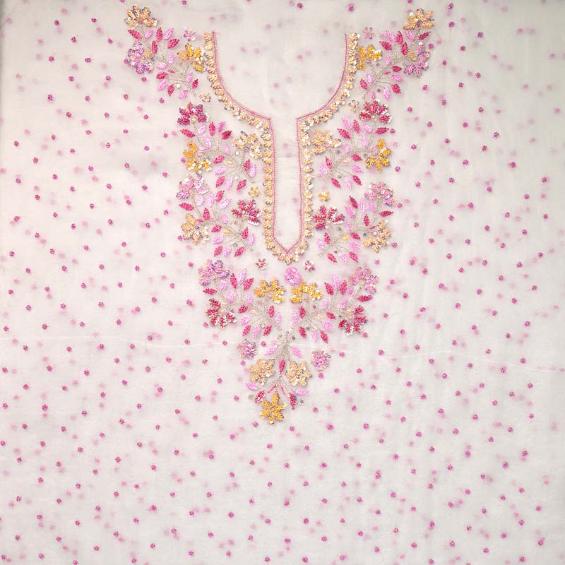 Albaster White With Pink Pure Organza Parsi Work