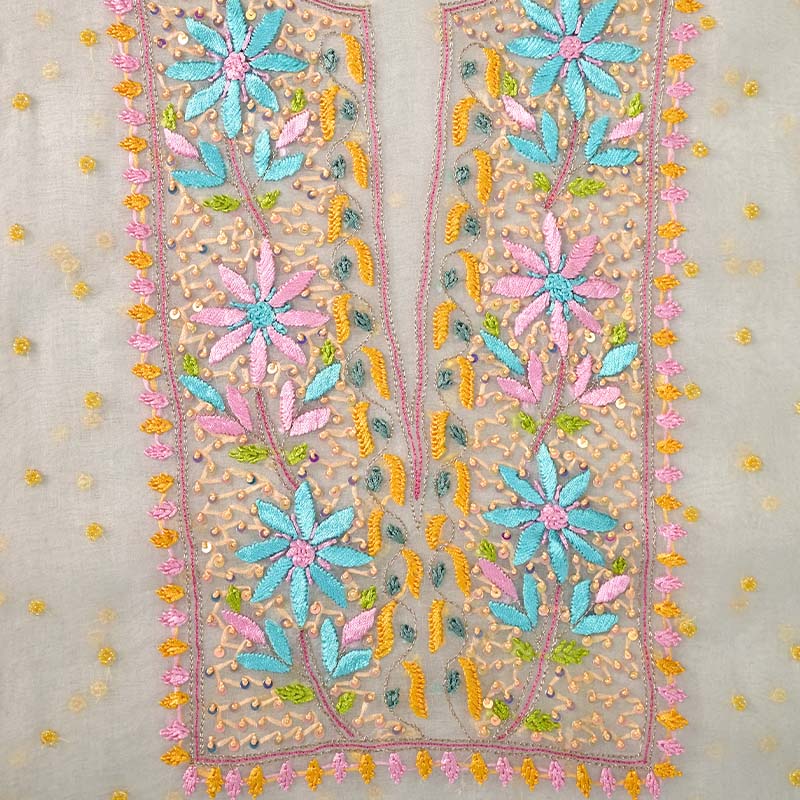 White with Yellow Pure Organza Parsi Work