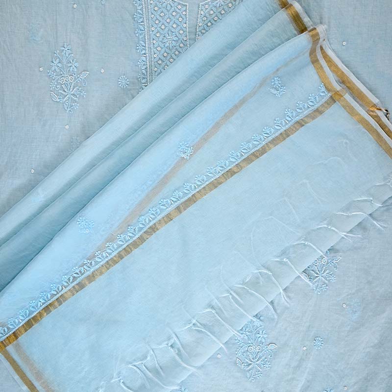 Sky Blue Pearl Mal Chanderi Dress Material