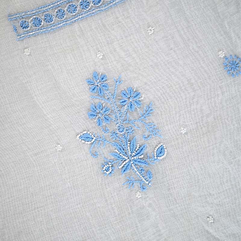 White Pastel Blue Mal Chanderi Dress Material