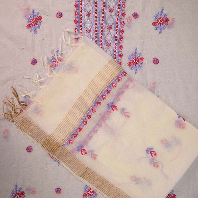 White & Brick Red Mal Chanderi Dress