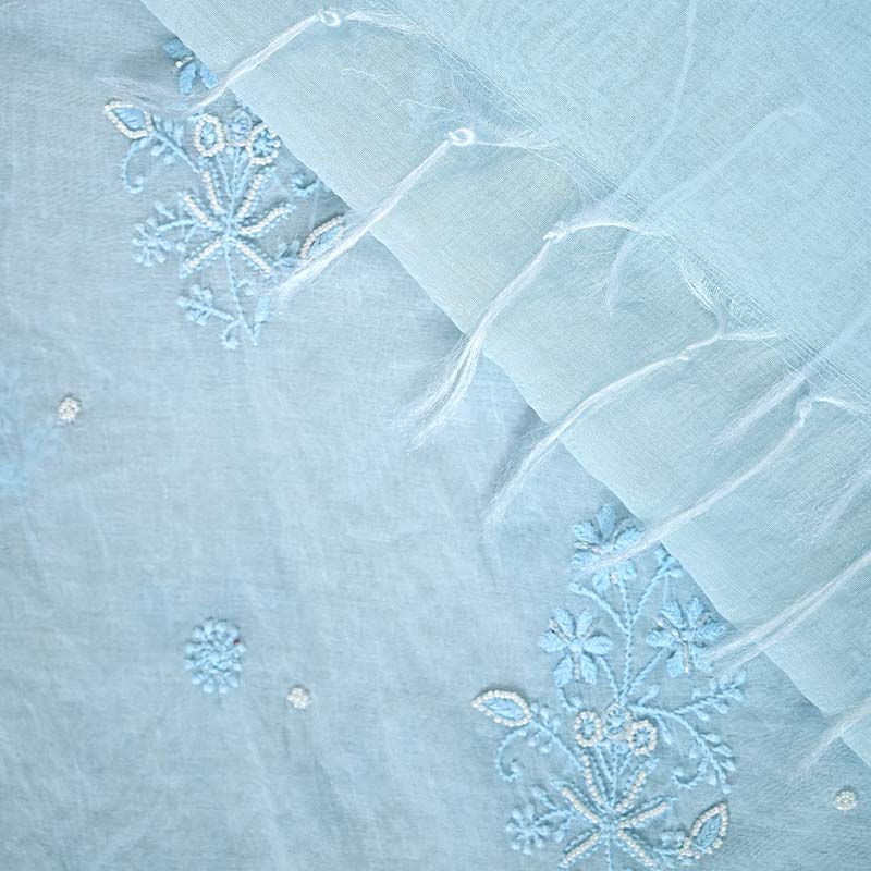 Sky Blue Pearl Mal Chanderi Dress Material