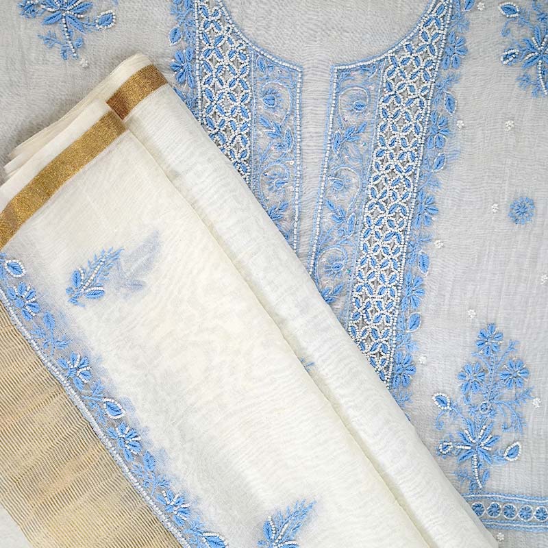 White Pastel Blue Mal Chanderi Dress Material