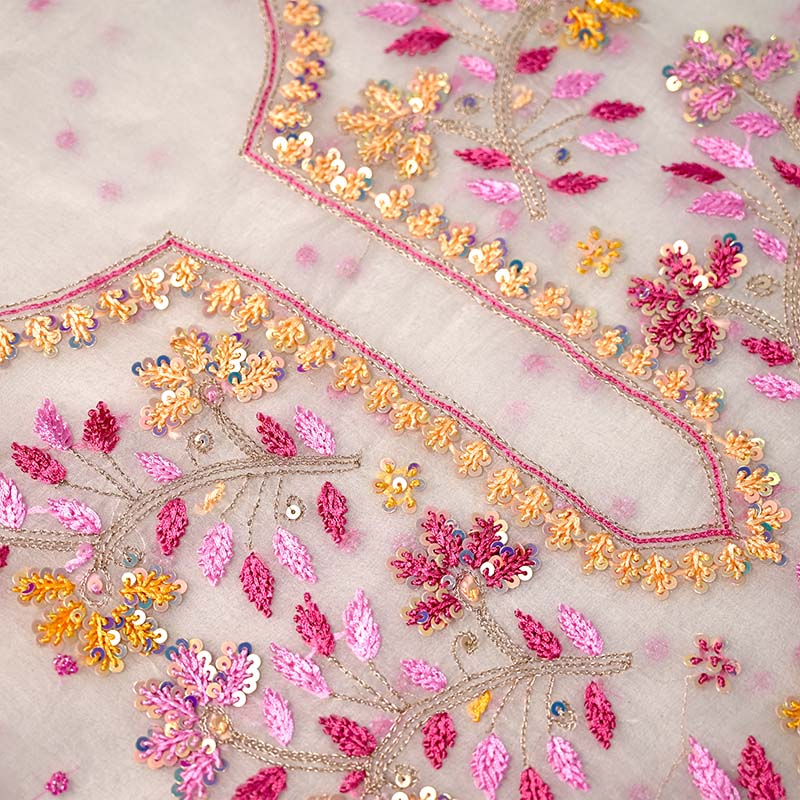Albaster White With Pink Pure Organza Parsi Work