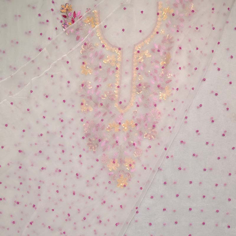 Albaster White With Pink Pure Organza Parsi Work