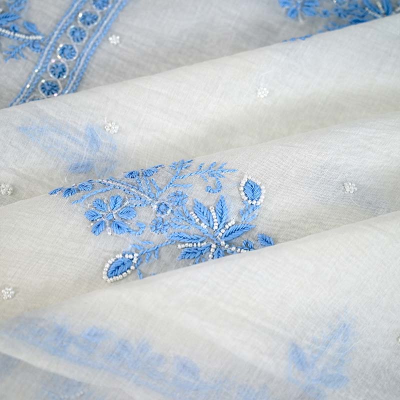 White Pastel Blue Mal Chanderi Dress Material