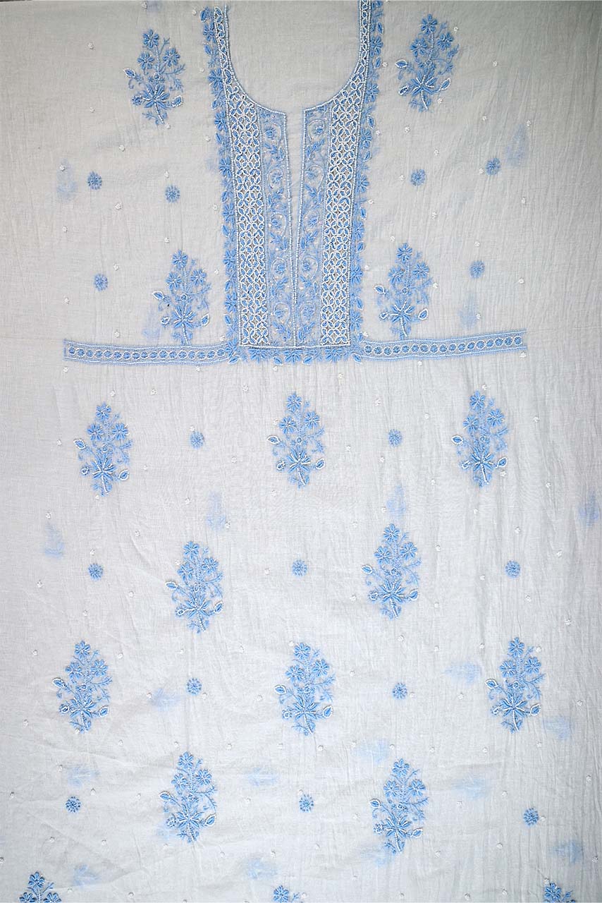 White Pastel Blue Mal Chanderi Dress Material