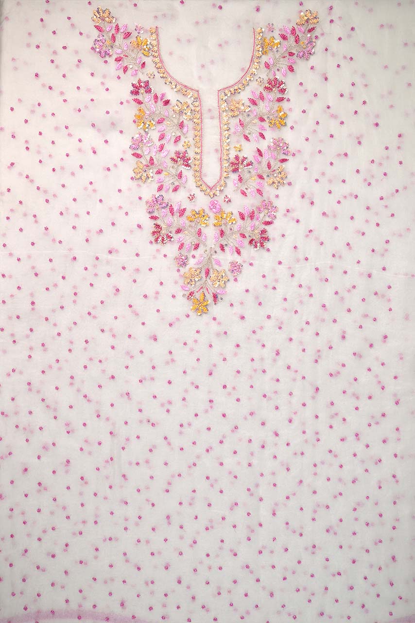 Albaster White With Pink Pure Organza Parsi Work