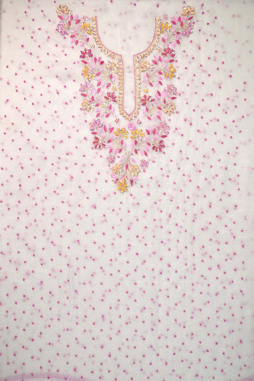 Albaster White With Pink Pure Organza Parsi Work