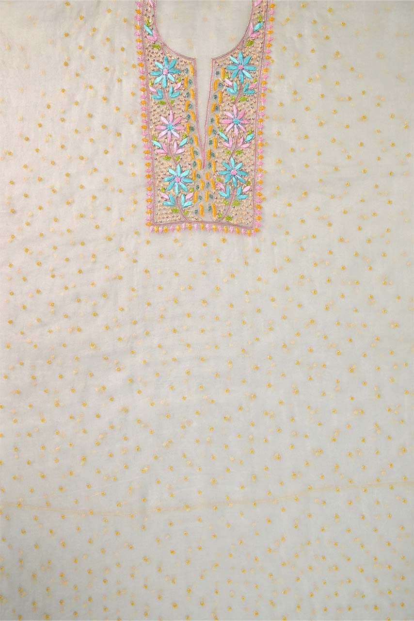 White with Yellow Pure Organza Parsi Work