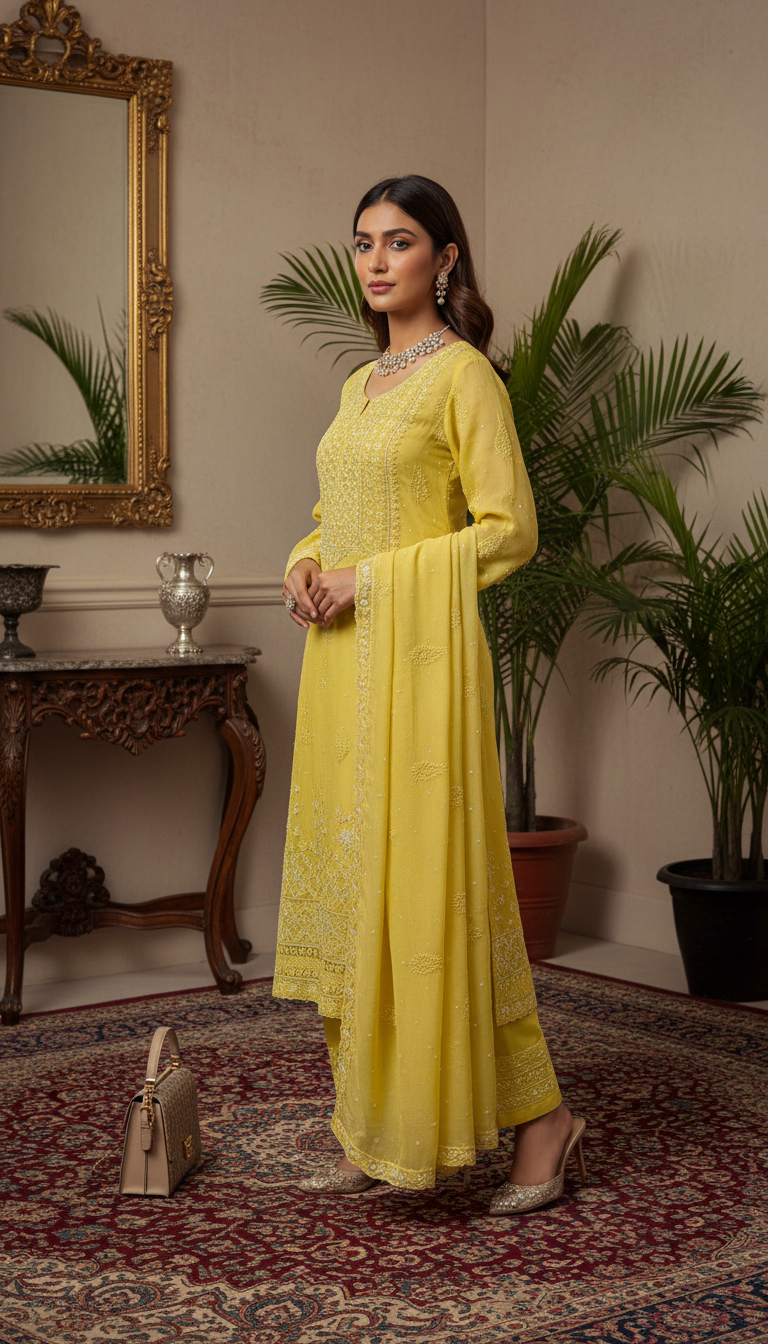 Maize Yellow Mul Chanderi Dupatta Set  | Embroidery | Cutdana Work