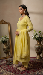 Maize Yellow Mul Chanderi Dupatta Set  | Embroidery | Cutdana Work