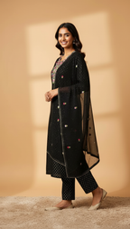 Rich Black Mukaish Viscose Parsi Work