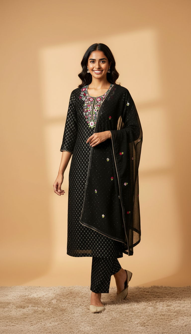 Rich Black Mukaish Viscose Parsi Work