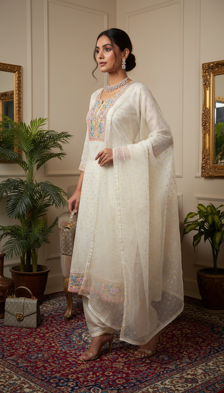 White with Yellow Pure Organza Parsi Work