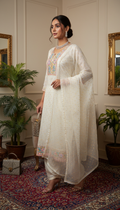 White with Yellow Pure Organza Parsi Work