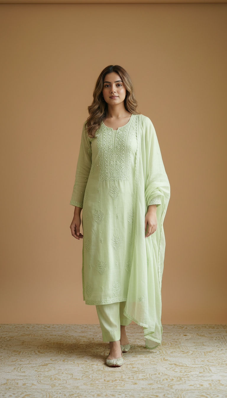 Light Moss Green Mul Chanderi Dress Material