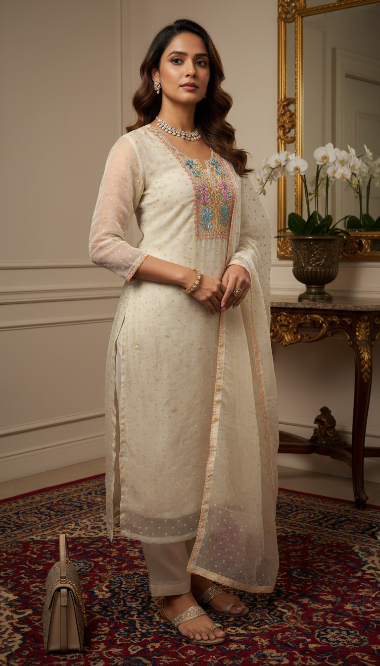 White with Yellow Pure Organza Parsi Work