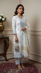 White Pastel Blue Mul Chanderi Dress Material