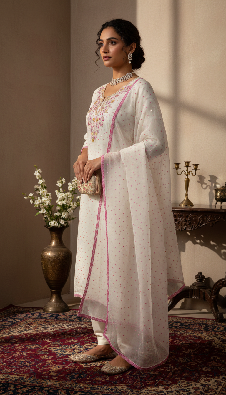 Albaster White With Pink Pure Organza Parsi Work