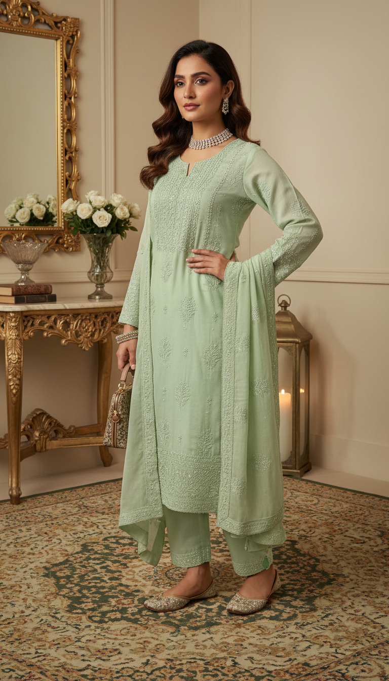 Light Moss Green Mul Chanderi Dress Material