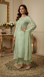 Light Moss Green Mul Chanderi Dress Material