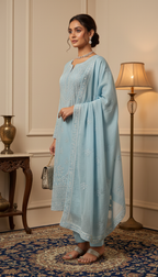 Beau Blue Mul Chanderi Dress Material
