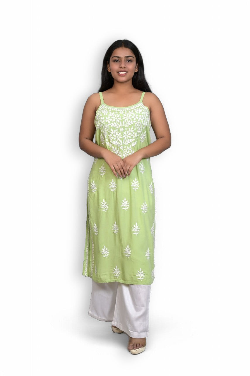French Sky Blue Spaghetti Kurti with Ghas Pati Work