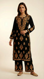 Noor-e-Rang Premium Chikankari 2 Pc Kurta Set – Black & Crimson Red