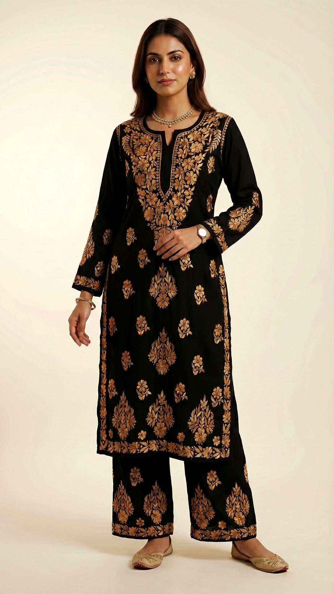 Noor-e-Rang Premium Chikankari 2 Pc Kurta Set – Black & Antique Gold