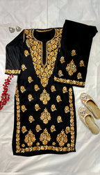 Noor-e-Rang Premium Chikankari 2 Pc Kurta Set – Black & Crimson Red