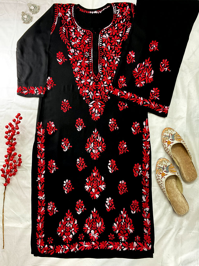 Noor-e-Rang Premium Chikankari 2 Pc Kurta Set – Black & Crimson Red