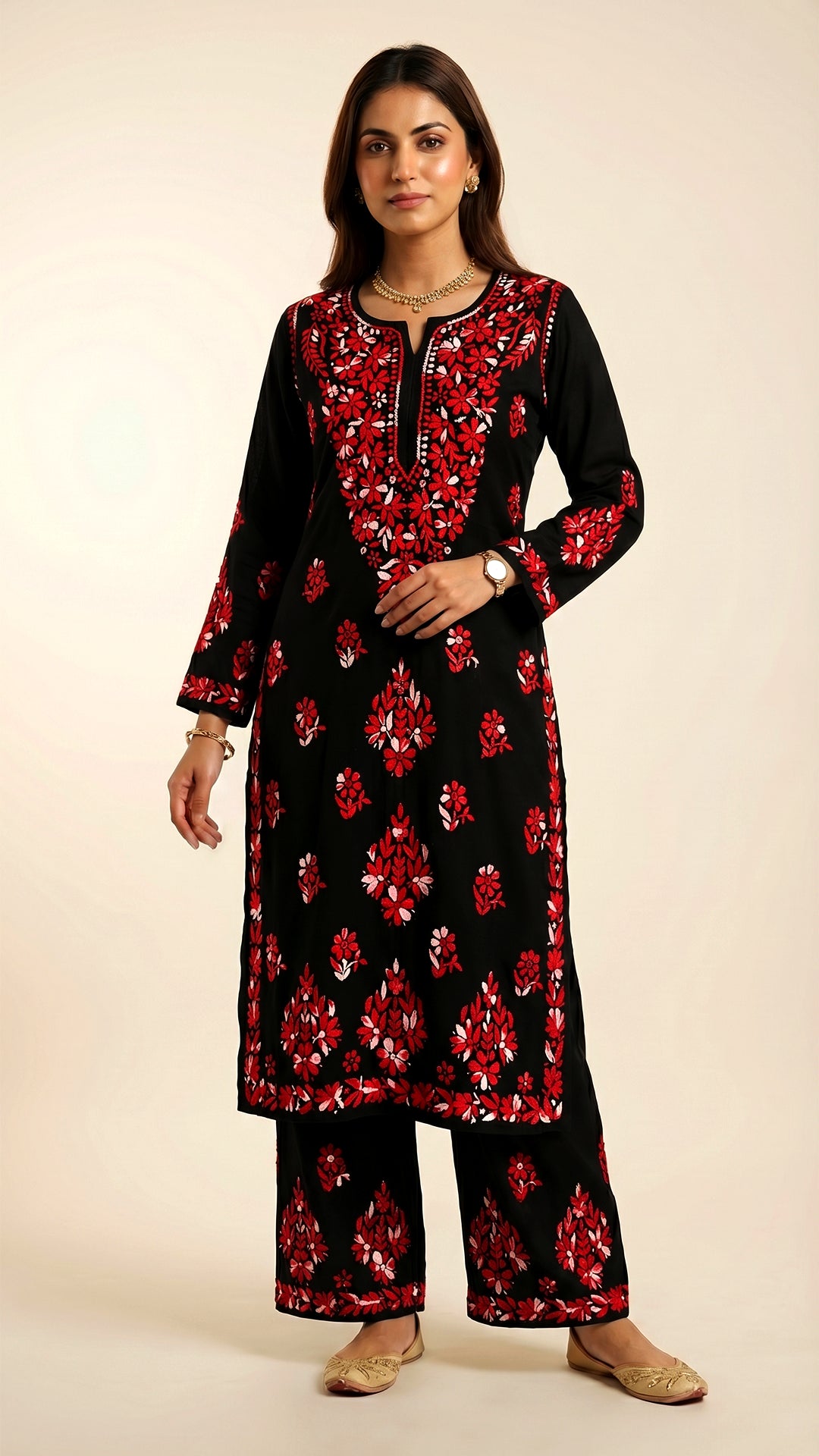 Noor-e-Rang Premium Chikankari 2 Pc Kurta Set – Black & Antique Gold