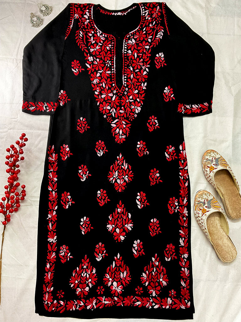 Noor-e-Rang Premium Chikankari 2 Pc Kurta Set – Black & Crimson Red